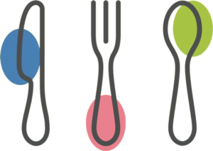 Illustration showing a knife, a fork and a spoon.