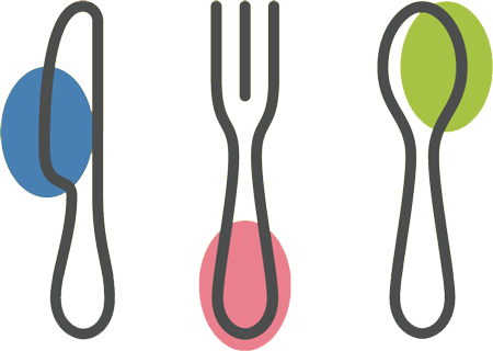 Illustration showing a knife, a fork and a spoon.