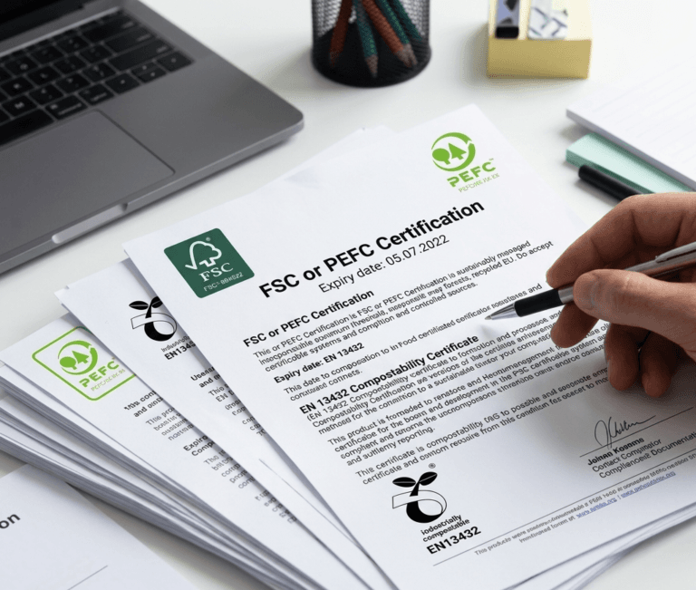A close-up photograph focuses on a stack of professional compliance documents and certificates resting on a clean, professional desk. On top of the stack, a physical "FSC or PEFC Certification" with a clearly visible expiry date is prominent. Beneath it, other certificates like "EN 13432 Compostability" can be seen. A hand, holding a pen, points to the text, emphasizing its importance.