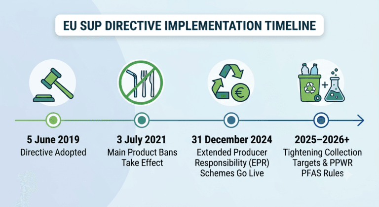 An infographic illustrating the EU Single-Use Plastics Directive implementation timeline. It shows key milestones from 2019 to 2026+: Directive adoption (2019), product bans (2021), EPR schemes going live (2024), and future tightening of collection targets and PFAS rules.