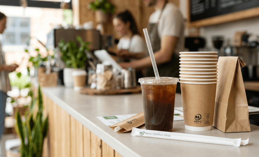 Close-up of compliant packaging on a cafe counter, featuring a cold drink with a paper straw and a stack of kraft paper takeaway cups. Small PEFC and FSC certification logos are visibly printed on the paper cup and the straw wrapper, which is resting open.