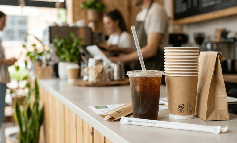 Close-up of compliant packaging on a cafe counter, featuring a cold drink with a paper straw and a stack of kraft paper takeaway cups. Small PEFC and FSC certification logos are visibly printed on the paper cup and the straw wrapper, which is resting open.