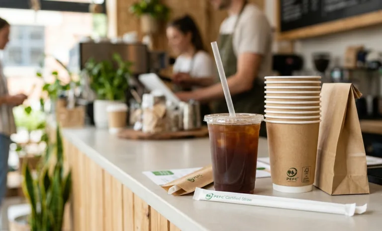 Close-up of compliant packaging on a cafe counter, featuring a cold drink with a paper straw and a stack of kraft paper takeaway cups. Small PEFC and FSC certification logos are visibly printed on the paper cup and the straw wrapper, which is resting open.