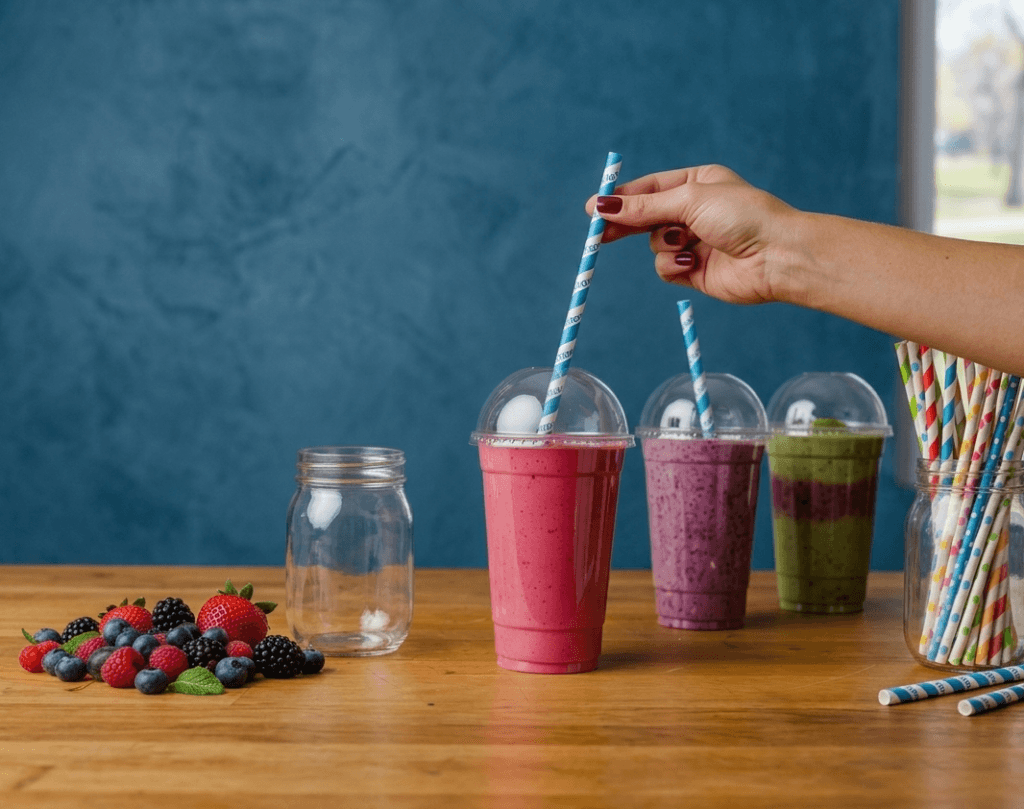 B2B product shot of custom blue-and-white Hello Straw paper straws being placed into cold fruit smoothies, highlighting eco-friendly, PFAS-free drinkware solutions for cafes.