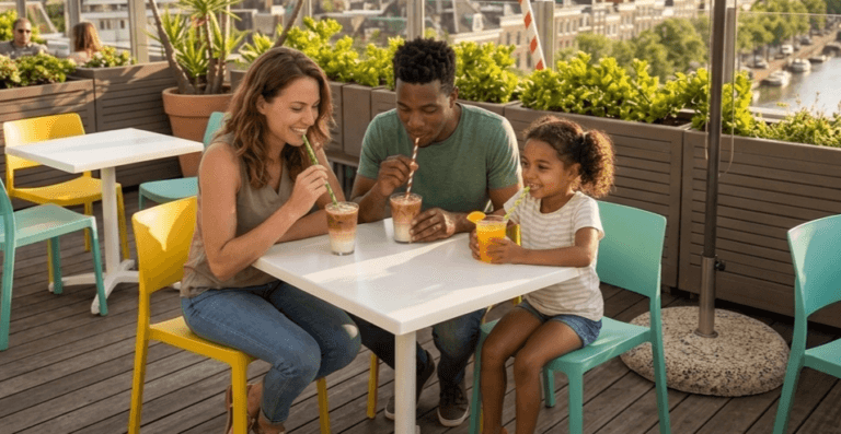 Diverse family enjoying cold beverages on a sunny rooftop terrace, demonstrating the real-world durability of vibrant paper straws in iced coffee and fruit juice.